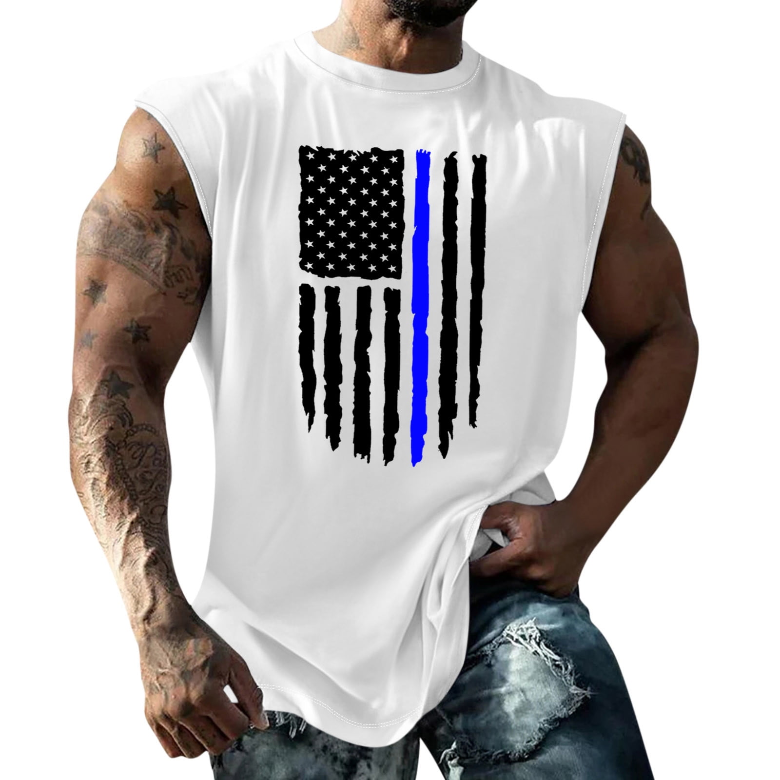 PURJKPU Mens Tank Top Undershirts Big and Tall American Flag 4th of