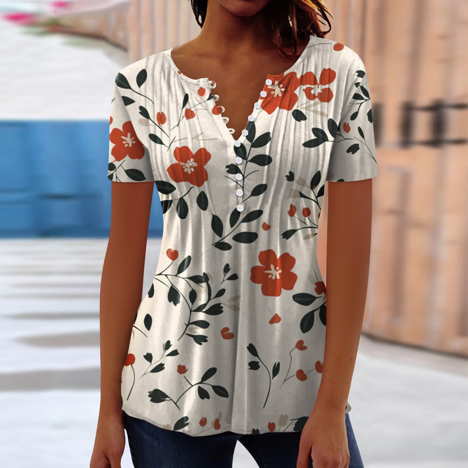 PURJKPU Tops for Women Casual Floral Print Henley Shirts Button Down