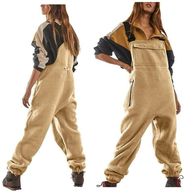 PURJKPU Warm Fleece Overalls for Women Winter Fuzzy Jumpsuits Adjustable  Strap Sleeveless Fluffy Teddy Bib Pants with Pockets Khaki XXL