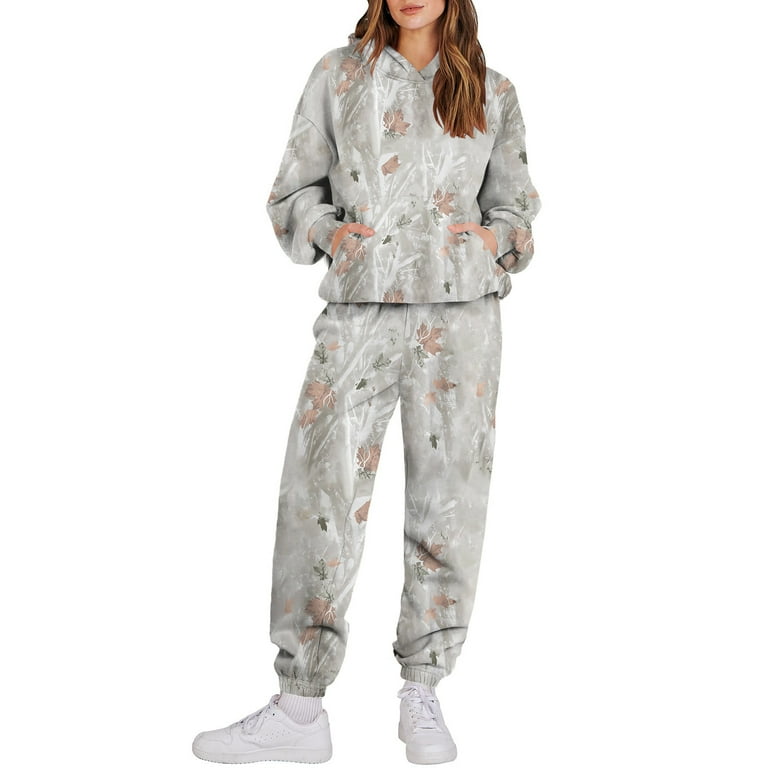 PURJKPU Women Camo Hoodie Sweat Suits 2 Piece Set Long Sleeve