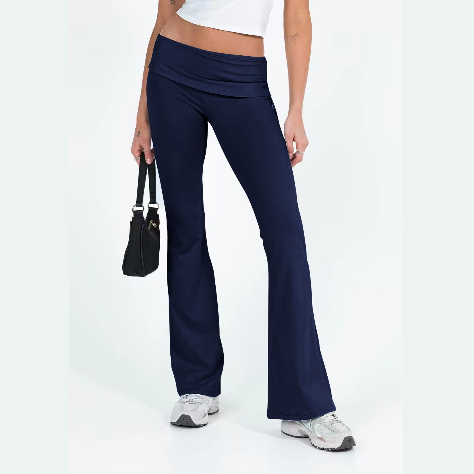 PURJKPU Women s Flare Yoga Pants Low Rise Fold Over Sweatpants Casual Bootcut Flare Leggings Y2k Basic Solid Bell Bottom Pants Navy XS Walmart