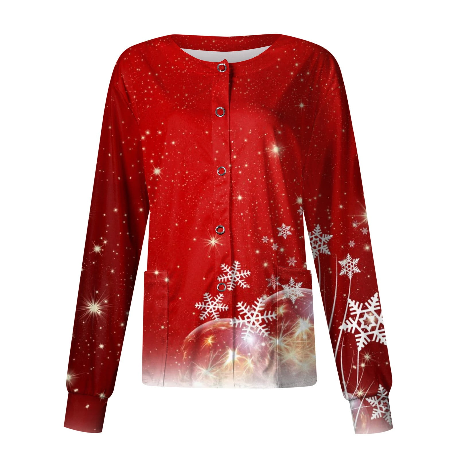 PURJKPU Women Scrub Jacket Christmas Snowflake Printed Nurse Working