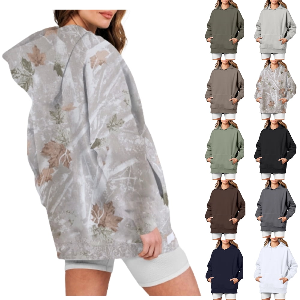 PURJKPU Women's Camo Hoodie Cute Oversized Y2k Hoodies White Solid Color Long Sleeve Sweaters