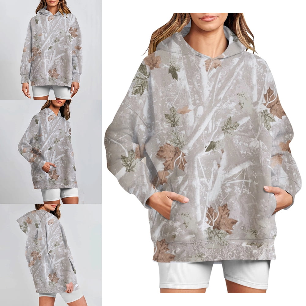 PURJKPU Women's Camo Hoodie Maple Leaf Print Oversized Sweatshirt Fleece Hooded Sweatshirts with