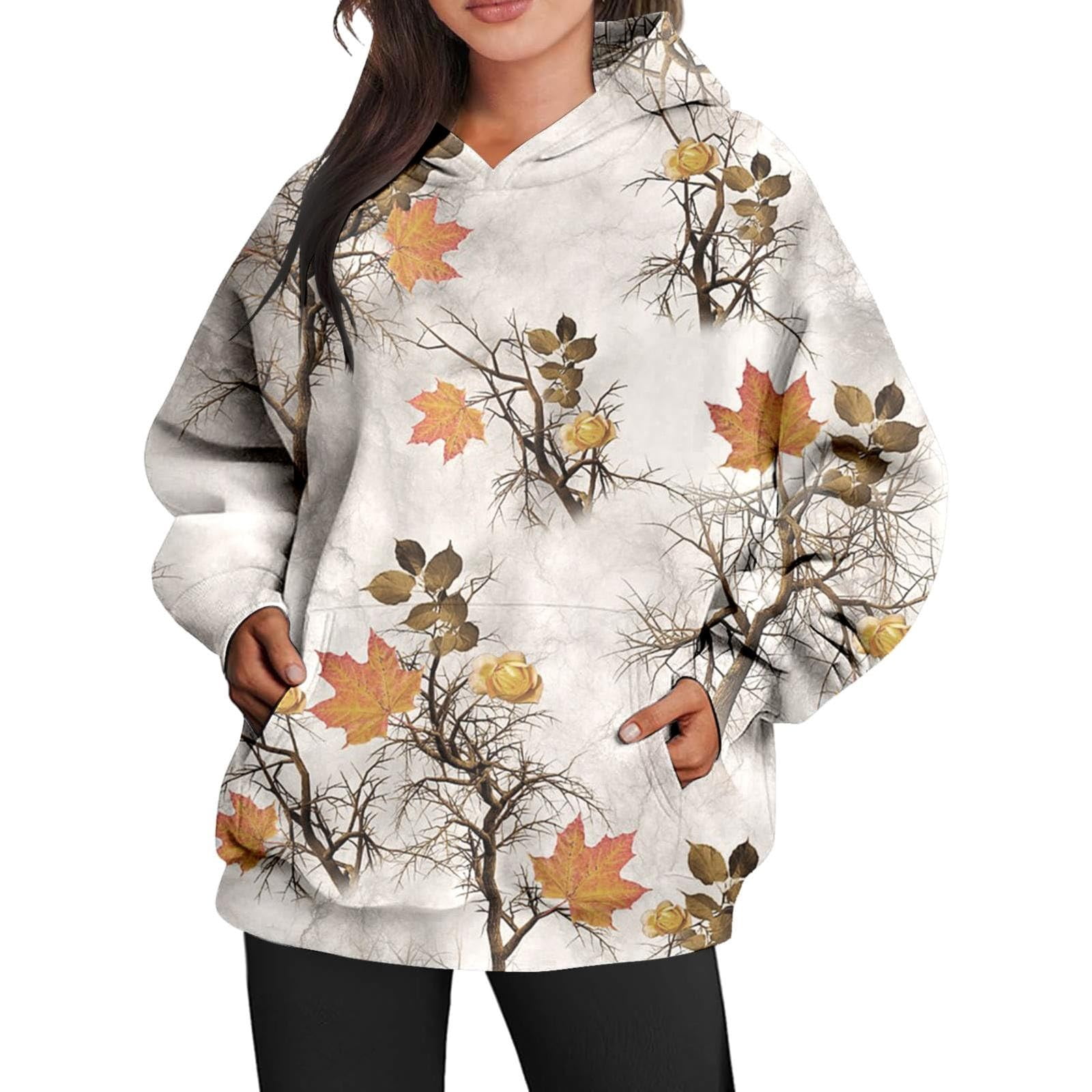 PURJKPU Women's Camo Hoodie Maple Leaf Print Oversized Sweatshirt ...