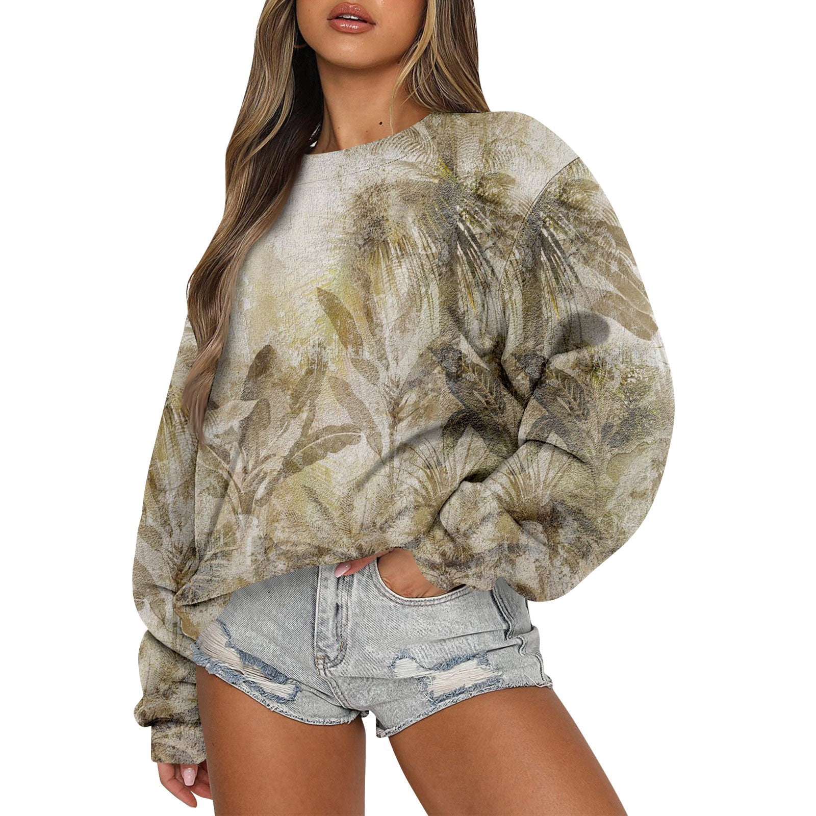 PURJKPU Women's Camo Sweatshirt MapleLeaf Print Pullover Oversized Fleece Long Sleeve Hoodie