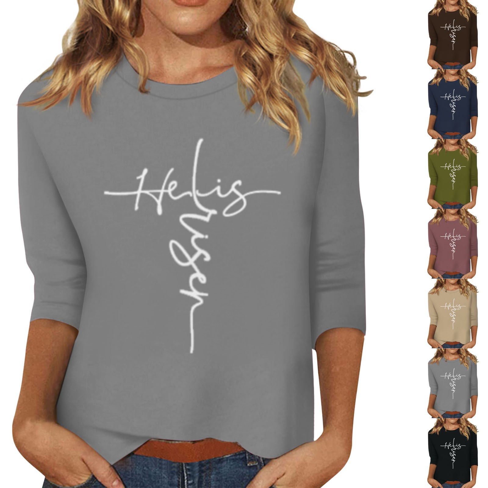 PURJKPU Women's Easter Tops Funny Easter Letter Pattern 3/4 Sleeve T