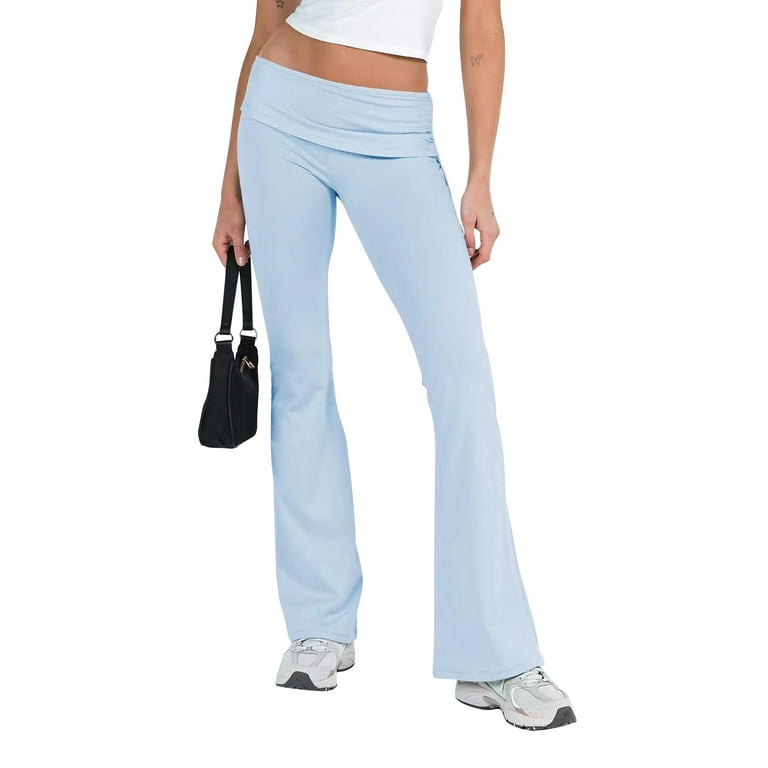 PURJKPU Women's Fold Over Flare Leggings Low Rise Bell Bottom Lounge Pants  Slim Fit Bootcut Yoga Pants Light Blue XS