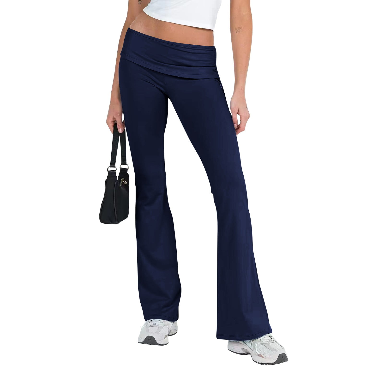 PURJKPU Women s Fold Over Flare Leggings Low Rise Bell Bottom Lounge Pants Slim Fit Bootcut Yoga Pants Navy XS Walmart