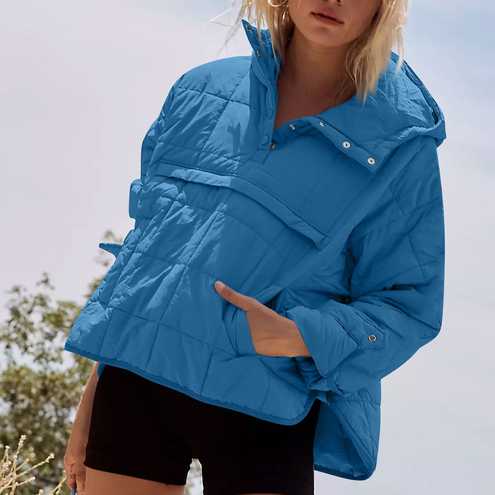 PURJKPU Women's Quilted Pullover Puffer Jacket Packable Hooded Oversize