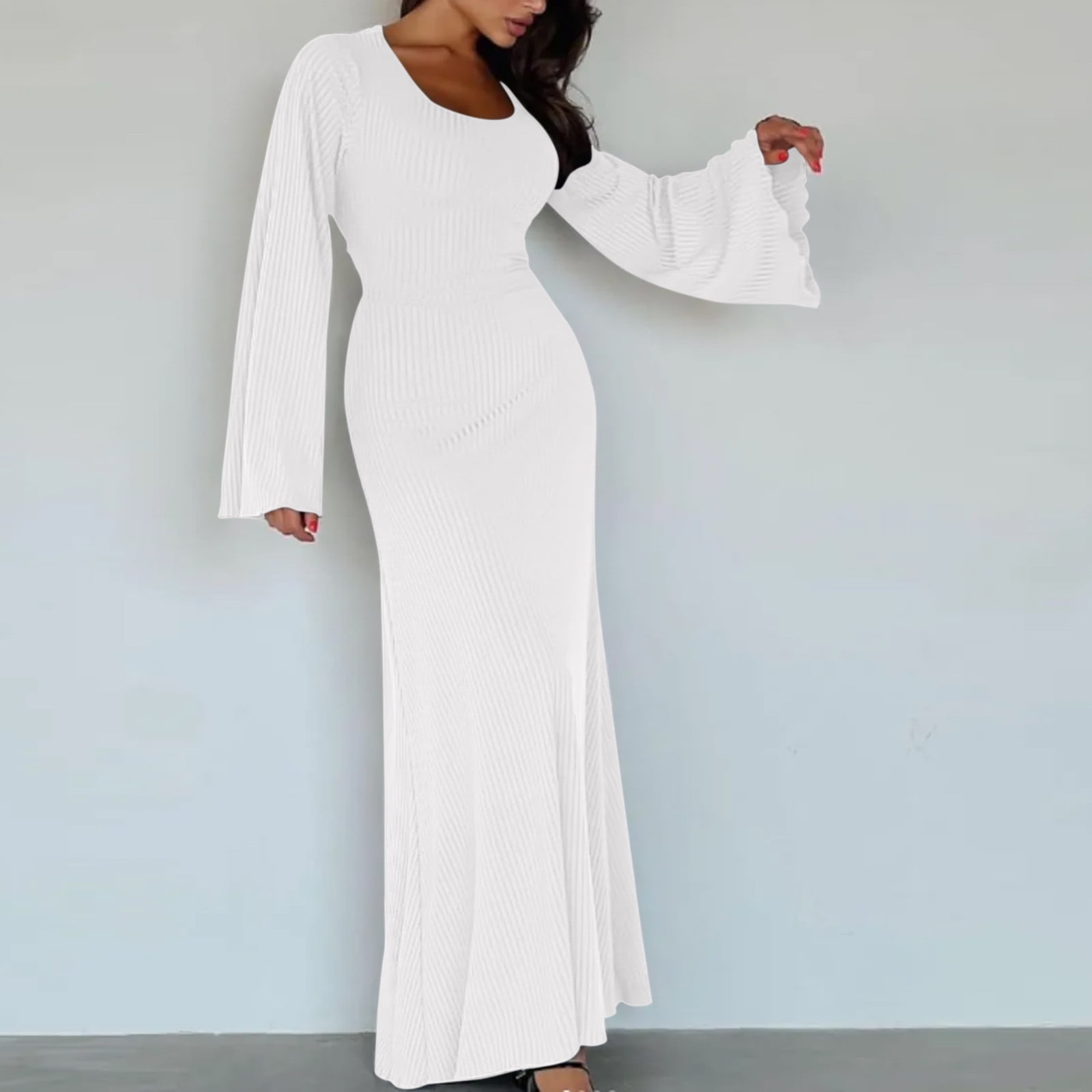 PURJKPU Women's Sexy Long Sleeve Slim Knit Bodycon Ribbed Sweater Dresses  Square Neck Long Dress White M - Walmart.com