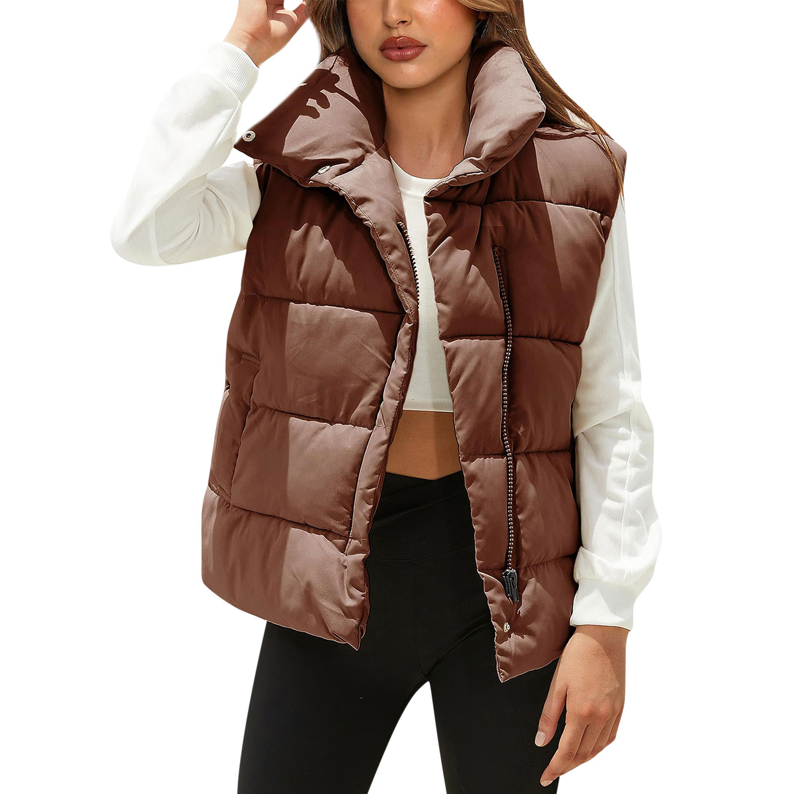 PURJKPU Women's Winter Crop Vest Puffer Lightweight Stand Collar Padded