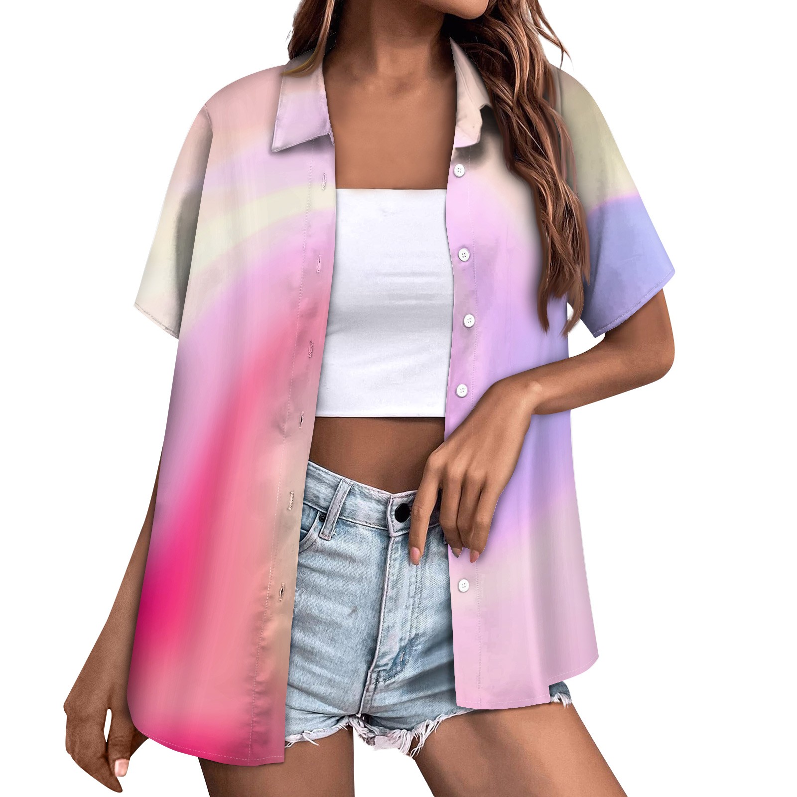 PURJKPU Womens Button Up Shirt Plus Size Short Sleeve Collared Shirts