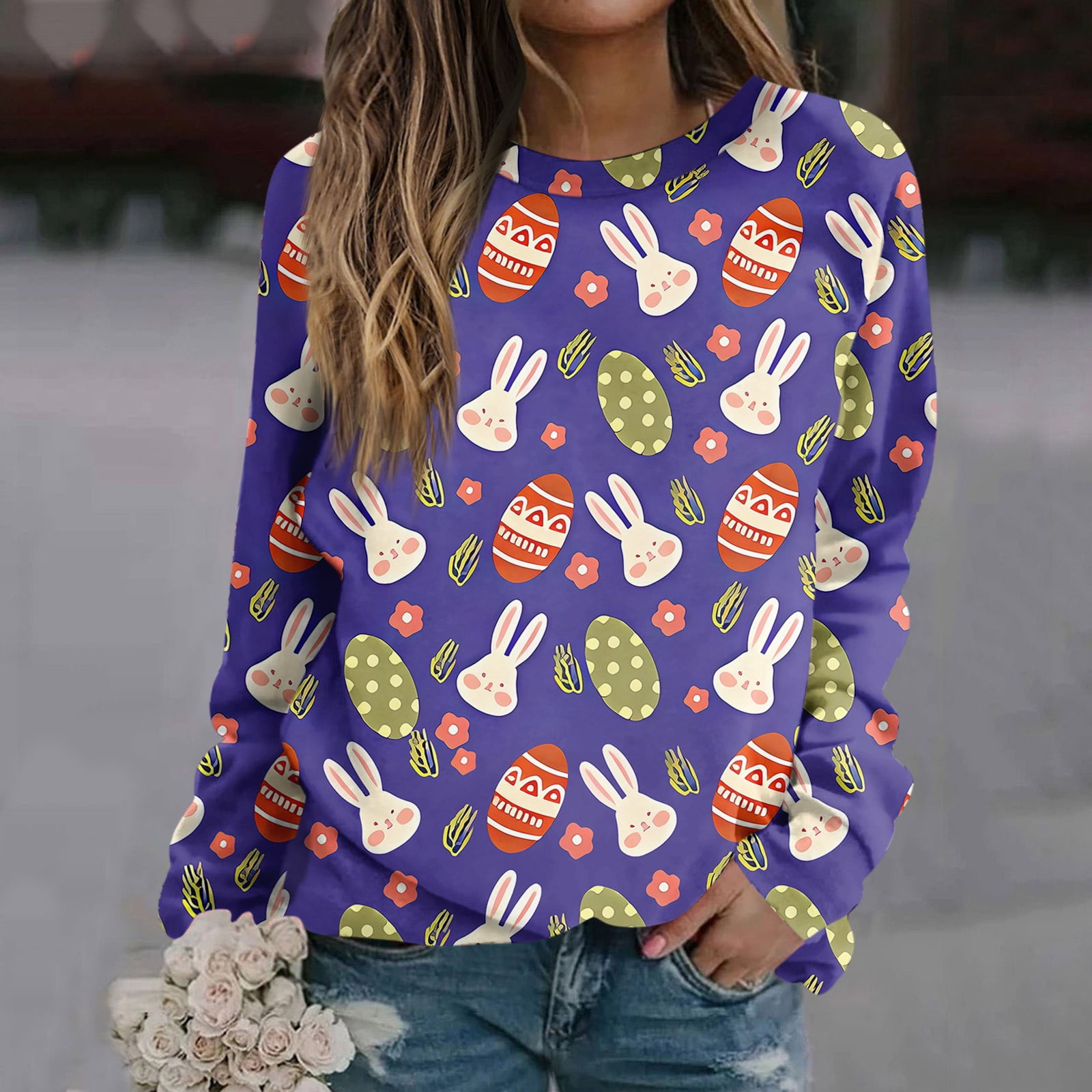 PURJKPU Womens Easter Day Sweatshirt Long Sleeve Cute Rabbit Graphic Tees Pullover Plus Size Easter Bunny Shirt Crewneck Loose Sweater Purple L Walmart