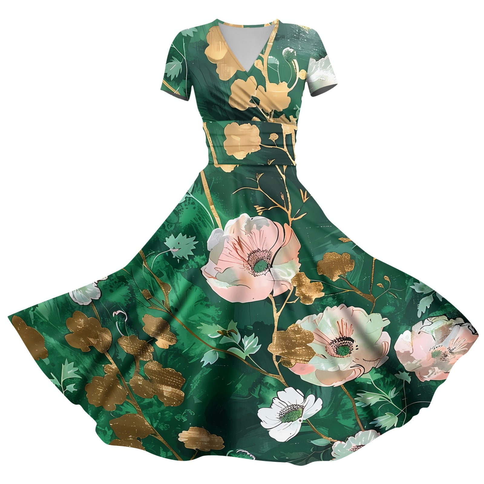 PURJKPU Womens Floral Dresses 2024 Trendy Short Sleeve Floral Pattern