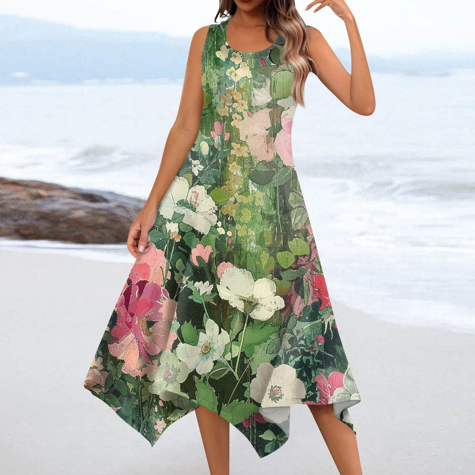 PURJKPU Womens Maxi Dress 2024 Trendy Sleeveless Floral Pattern Summer