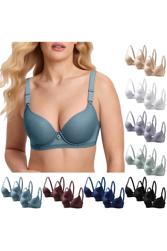 3PC Plus Size Underwire Bras for Women Adjustable Straps Deep V Bra Supportive Push Up Bralettes Comfort Everyday Bra
