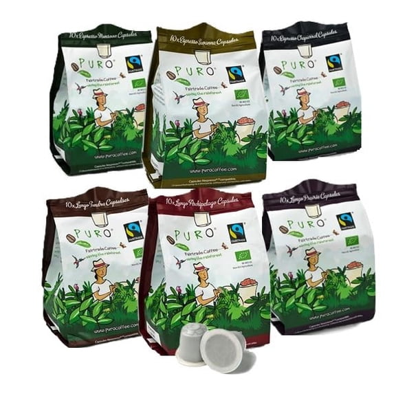 PURO Organic Coffee Pods for Nespresso Original Machines, Variety Pack of 6 unique coffees, 60 BPA-Free Compostable Capsules, Fairtrade Certified, Intensities 49