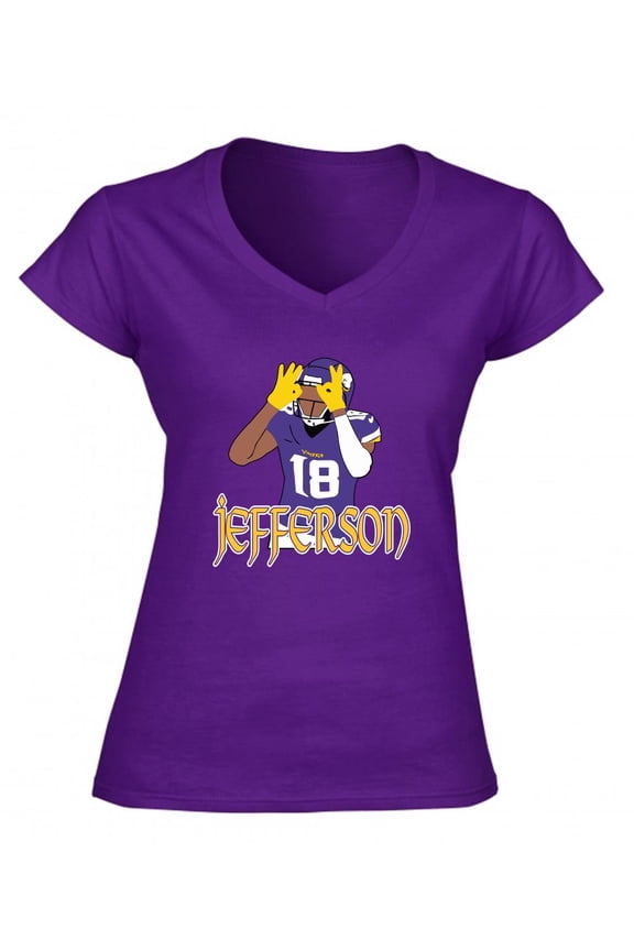 PURPLE Justin Jefferson Vikings TD Dance LADIES V-NECK T-shirt ADULT LARGE