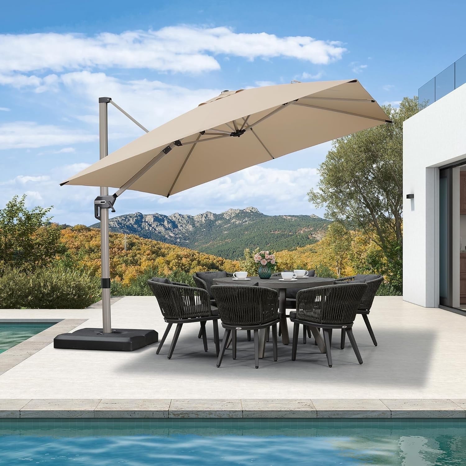 PURPLE LEAF 10 × 10 FT Patio Umbrella, Outdoor Cantilever Umbrella with Champagne Post, Hanging Offset Umbrella for Pool, Deck Garden, Beige
