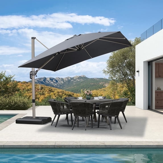PURPLE LEAF 10 × 10 FT Patio Umbrella, Outdoor Cantilever Umbrella with Champagne Post, Hanging Offset Umbrella for Pool, Deck Garden, Grey