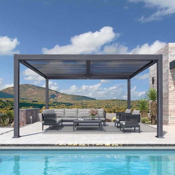 PURPLE LEAF 10'×14' Outdoor Louvered Pergola with Adjustable Hardtop Roof Patio Pergola Deck Garden Yard, Grey