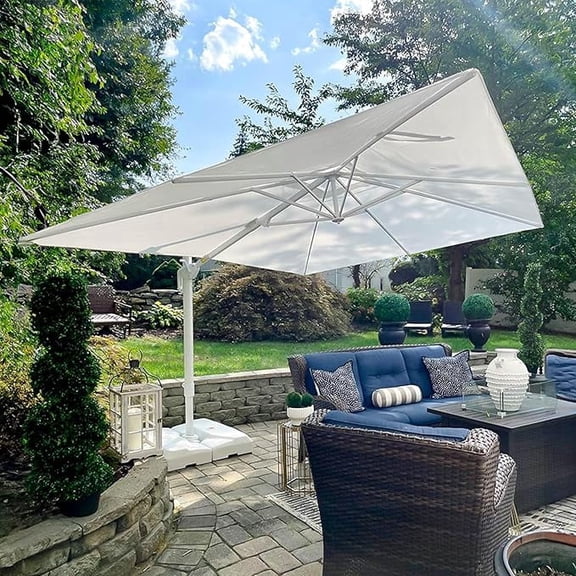 PURPLE LEAF 10 FT Patio Umbrella With Base White Cantilever Umbrella Square Outdoor Offset Umbrella Windproof with 360° Rotation for Garden Deck Pool, White