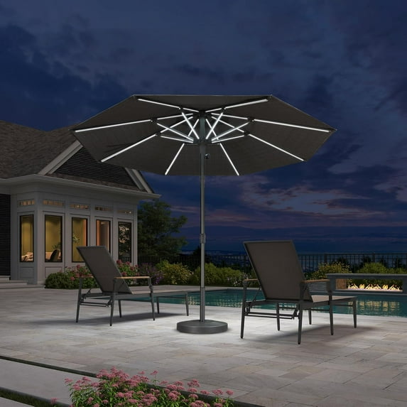 PURPLE LEAF 10 FT Semi-Auto Outdoor Market Patio Umbrella Sun Umbrellas with Led Lights and 8 Aluminum Sturdy Ribs for Backyard Deck Garden Pool, Gray Pole Gray Canopy