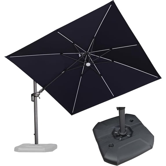 PURPLE LEAF 10 Feet Patio Umbrella with Base Outdoor Cantilever Solar Powered LED Swivel Square Umbrella Aluminum Offset Umbrella with 360-degree Rotation for Garden Deck Pool Patio, Navy Blue