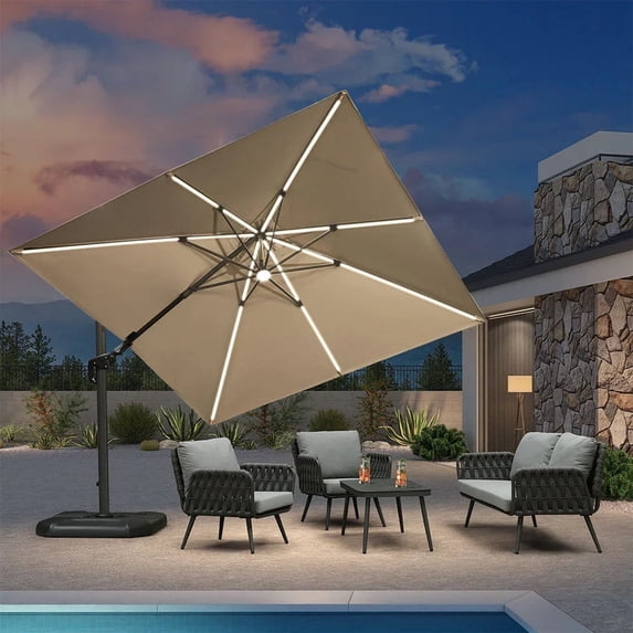 PURPLE LEAF 10 Feet Patio Umbrella with Base Outdoor Cantilever Solar Powered LED Swivel Square Umbrella Aluminum Offset Umbrella with 360-degree Rotation for Garden Deck Pool Patio, Beige