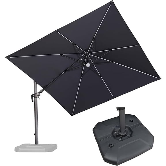 PURPLE LEAF 10 Feet Patio Umbrella with Base Outdoor Cantilever Solar Powered LED Swivel Square Umbrella Aluminum Offset Umbrella with 360-degree Rotation for Garden Deck Pool Patio, Grey