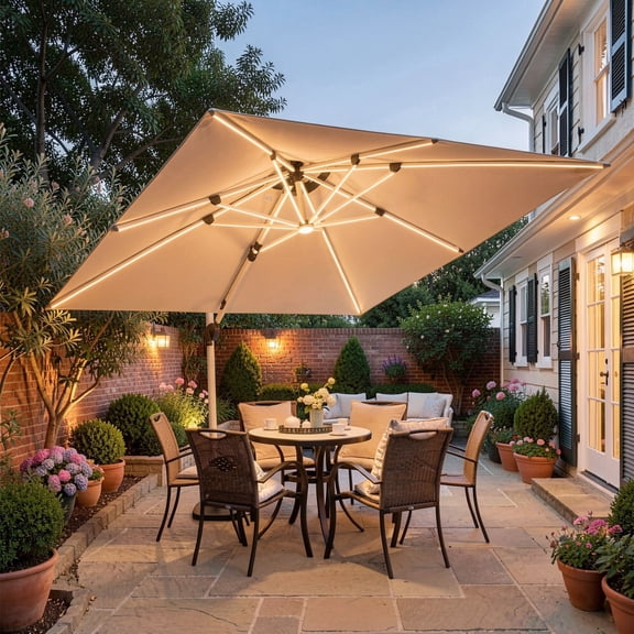 PURPLE LEAF 10 Feet Square Cantilever Umbrella with Base and Lights Patio Umbrellas Large Umbrella Outdoor Umbrellas Pool Umbrella Offset Umbrellas, Beige