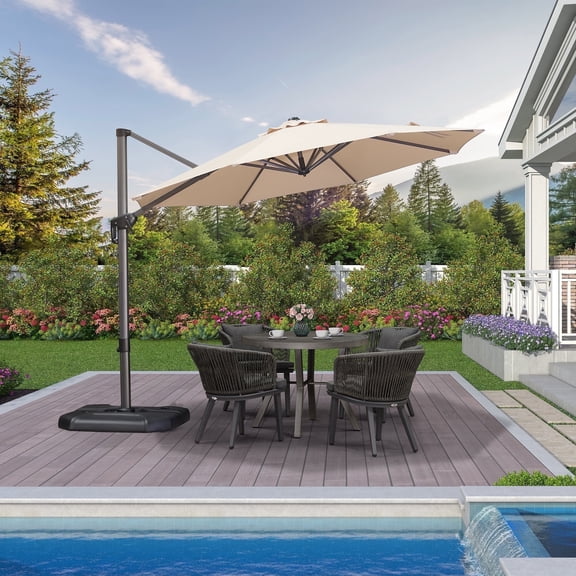 PURPLE LEAF 10 Ft Cantilever Umbrella Round Outdoor Patio Umbrella Large Offset Hanging Umbrella Aluminum Umbrella with 360°Rotation Adjustable Garden Pool Umbrella,Beige