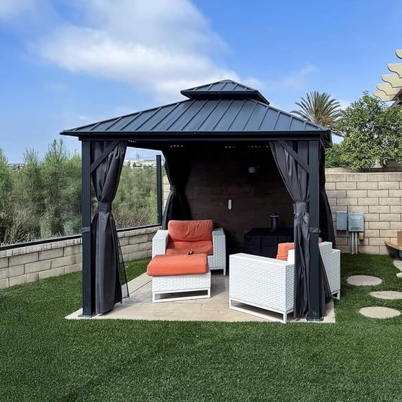 PURPLE LEAF 10' X 10' Hardtop Gazebo Permanent Gazebo with Galvanized Steel Double Roof for Patio Lawn Garden Aluminum Gazebo with Netting and Curtains Grey