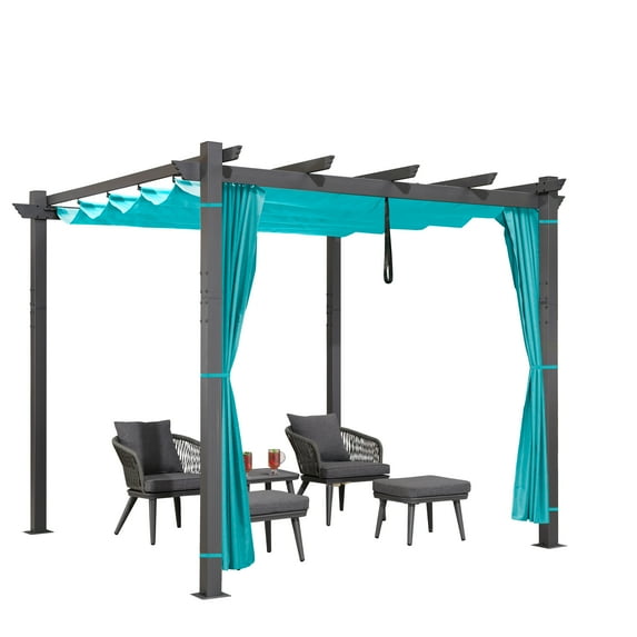 PURPLE LEAF 10' X 10' Outdoor Pergola with Curtains Retractable Canopy Patio Aluminum Sun Shade for Garden Deck Porch Gazebo Pavilion Grill Modern Yard Grape Trellis Pergola Turquoise Blue