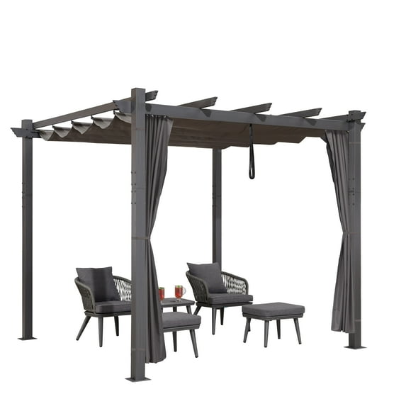 PURPLE LEAF 10' X 10' Outdoor Pergola with Curtains Retractable Canopy Patio Aluminum Sun Shade for Garden Deck Porch Gazebo Pavilion Grill Modern Yard Grape Trellis Pergola Gray