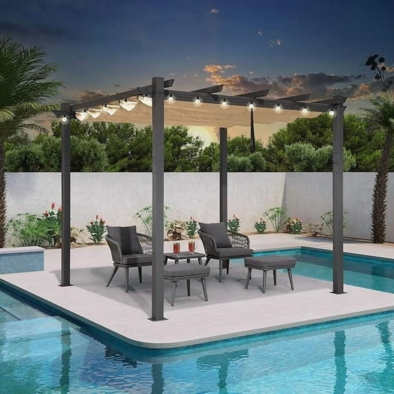 PURPLE LEAF 10' X 10' Outdoor Retractable Pergola with Sun Shade Canopy Patio Metal Shelter for Porch Garden Pavilion Grill Gazebo Yard Modern Beige Pergola