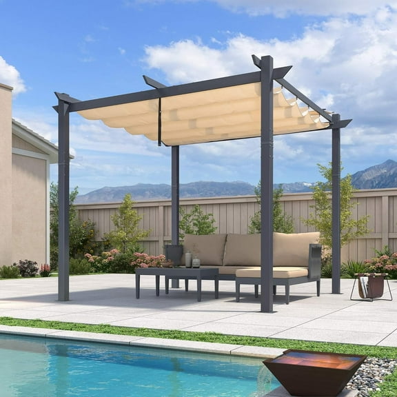 PURPLE LEAF 10' X 10' Patio Retractable Pergola with Shade Canopy Modern Grill Gazebo Aluminum Metal Pergola for Porch Deck Garden Backyard Pergola, Beige