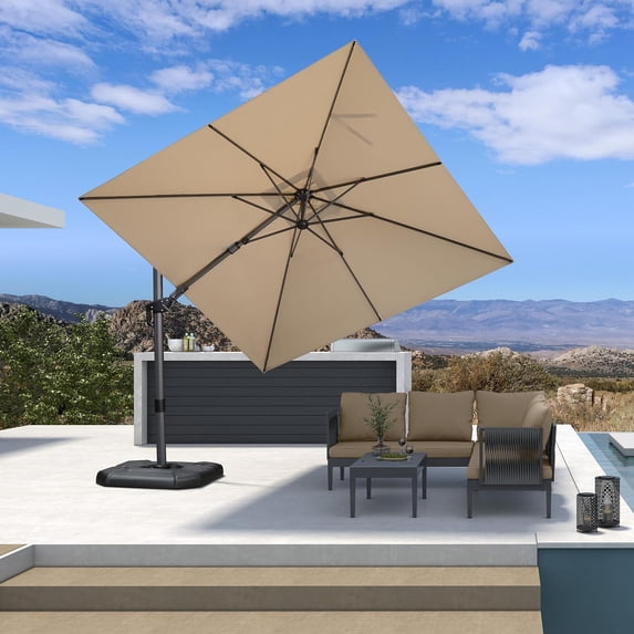 PURPLE LEAF 10' X 10' Tilting Patio Umbrella with Base Outdoor Cantilever Swivel Square Umbrella with Tilt Aluminum Offset Umbrella with 360-degree Rotation for Garden Deck Pool Patio Beige