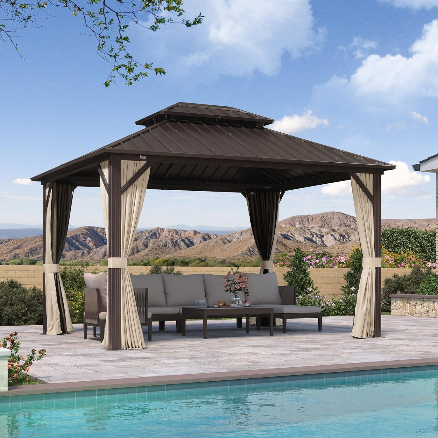 Bronze 10' x 12' Outdoor Hardtop Gazebo with Curtains and Netting