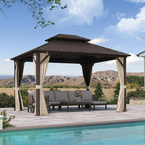 PURPLE LEAF 10’ X 12’ Outdoor Hardtop Gazebo Metal Frame Galvanized Steel Double Roof with Curtains and Nettings for Patio Desk Backyard Bronze