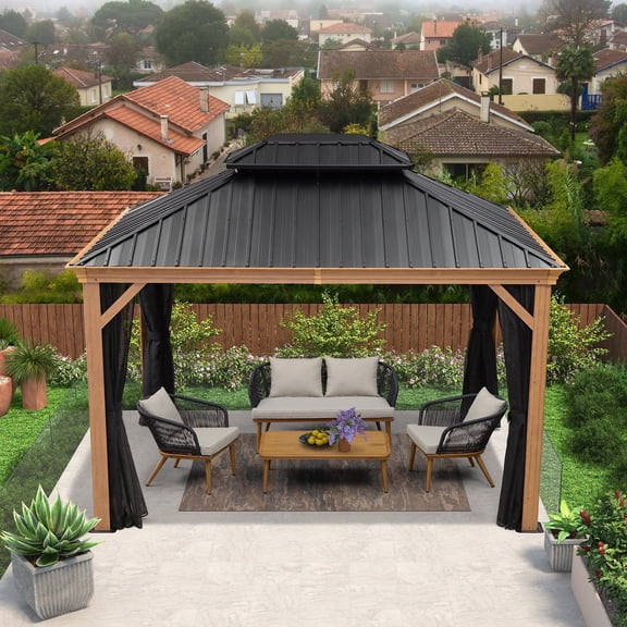 PURPLE LEAF 10' X 12' Outdoor Hardtop Gazebo for Patio Galvanized Steel Double Roof Permanent Canopy Teak Finish Coated Aluminum Frame Pavilion Gazebo with Netting