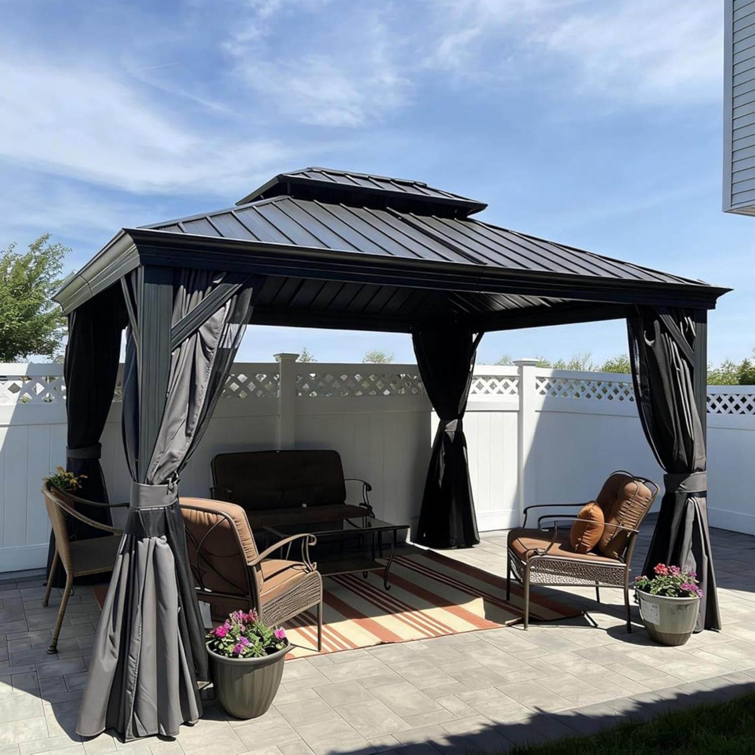 PURPLE LEAF 10' X 12' Permanent Hardtop Gazebo Aluminum Gazebo with Galvanized Steel Double Roof for Patio Lawn and Garden, Curtains and Netting Included, Gray