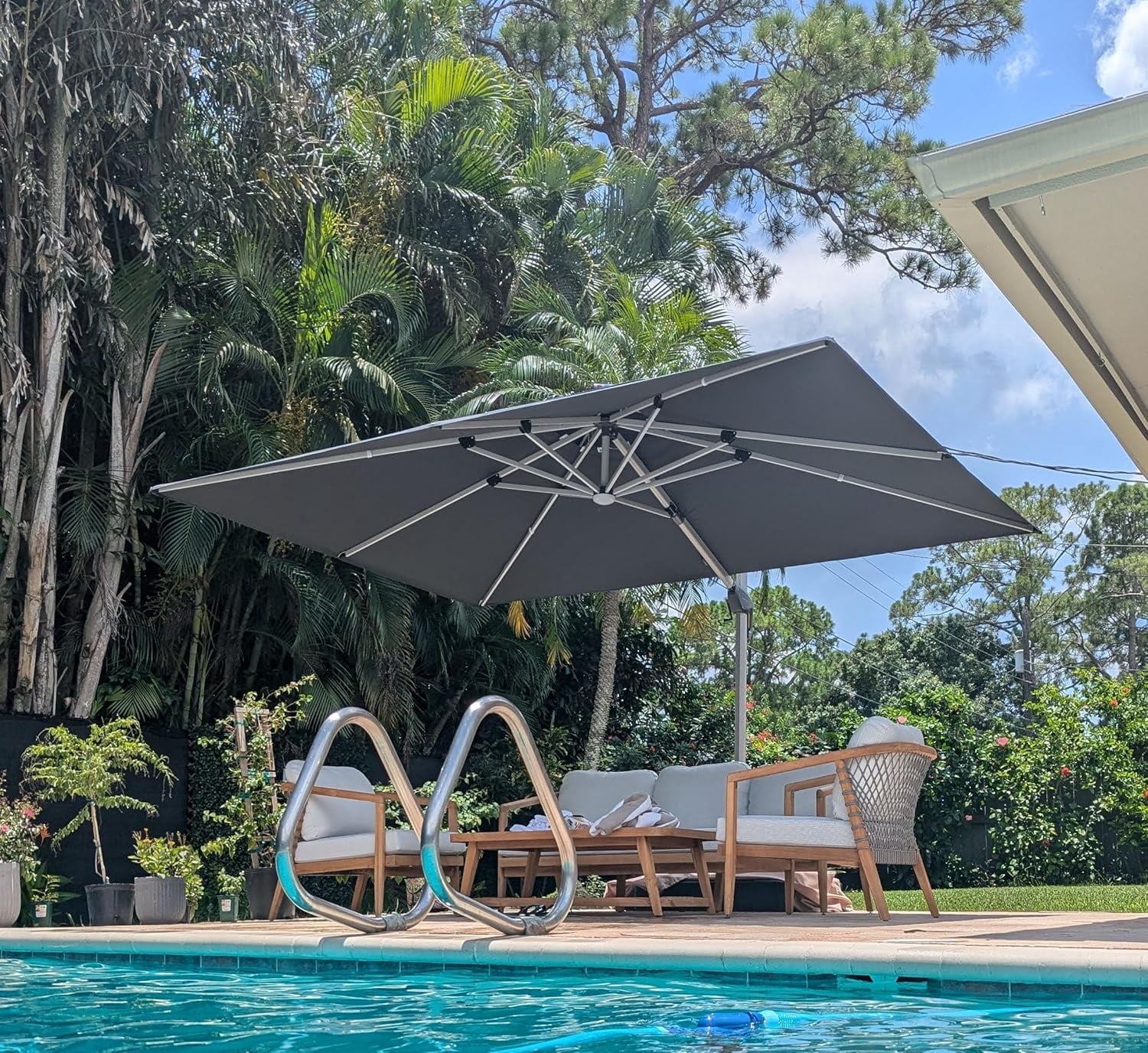 PURPLE LEAF 10' X 13' Double Top Deluxe Solar Powered LED Rectangle Patio Umbrella Offset Hanging Umbrella Outdoor Market Umbrella Garden Umbrella, Gray