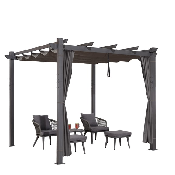 PURPLE LEAF 10' X 13' Outdoor Pergola with Curtains Retractable Canopy Patio Aluminum Sun Shade for Garden Deck Porch Gazebo Pavilion Grill Modern Yard Grape Trellis Pergola Gray