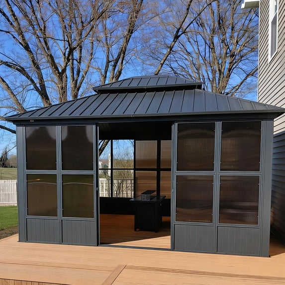 PURPLE LEAF 10 X 13 Outdoor Sunroom Solarium Permanent Hardtop Screened Gazebo Galvanized Steel Double Roof Aluminum Patio Enclosed Lawn Deck Backyard Grey
