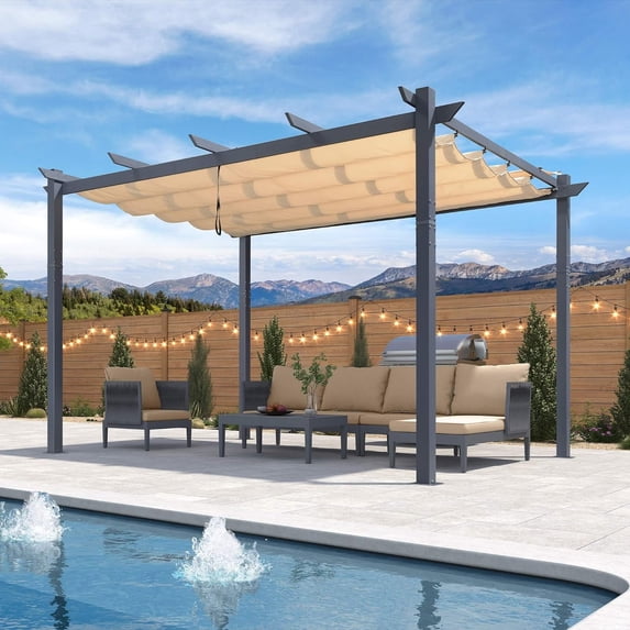 PURPLE LEAF 10' X 13' Patio Retractable Pergola with Shade Canopy Modern Grill Gazebo Aluminum Metal Pergola for Porch Deck Garden Backyard Pergola, Beige