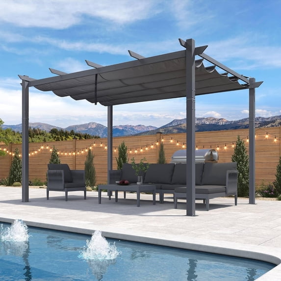 PURPLE LEAF 10' X 13' Patio Retractable Pergola with Shade Canopy Modern Grill Gazebo Aluminum Metal Pergola for Porch Deck Garden Backyard Pergola, Gray