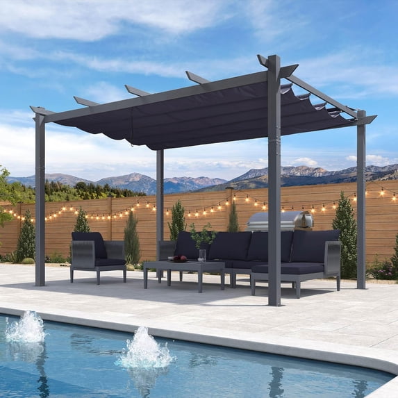 PURPLE LEAF 10' X 13' Patio Retractable Pergola with Shade Canopy Modern Grill Gazebo Aluminum Metal Pergola for Porch Deck Garden Backyard Pergola,Navy Blue