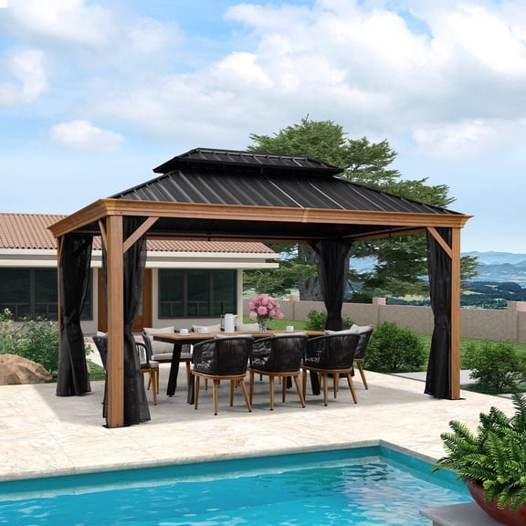 PURPLE LEAF 10' X 14' Outdoor Hardtop Gazebo for Patio Galvanized Steel Double Roof Permanent Canopy Teak Finish Coated Aluminum Frame Pavilion Gazebo with Netting